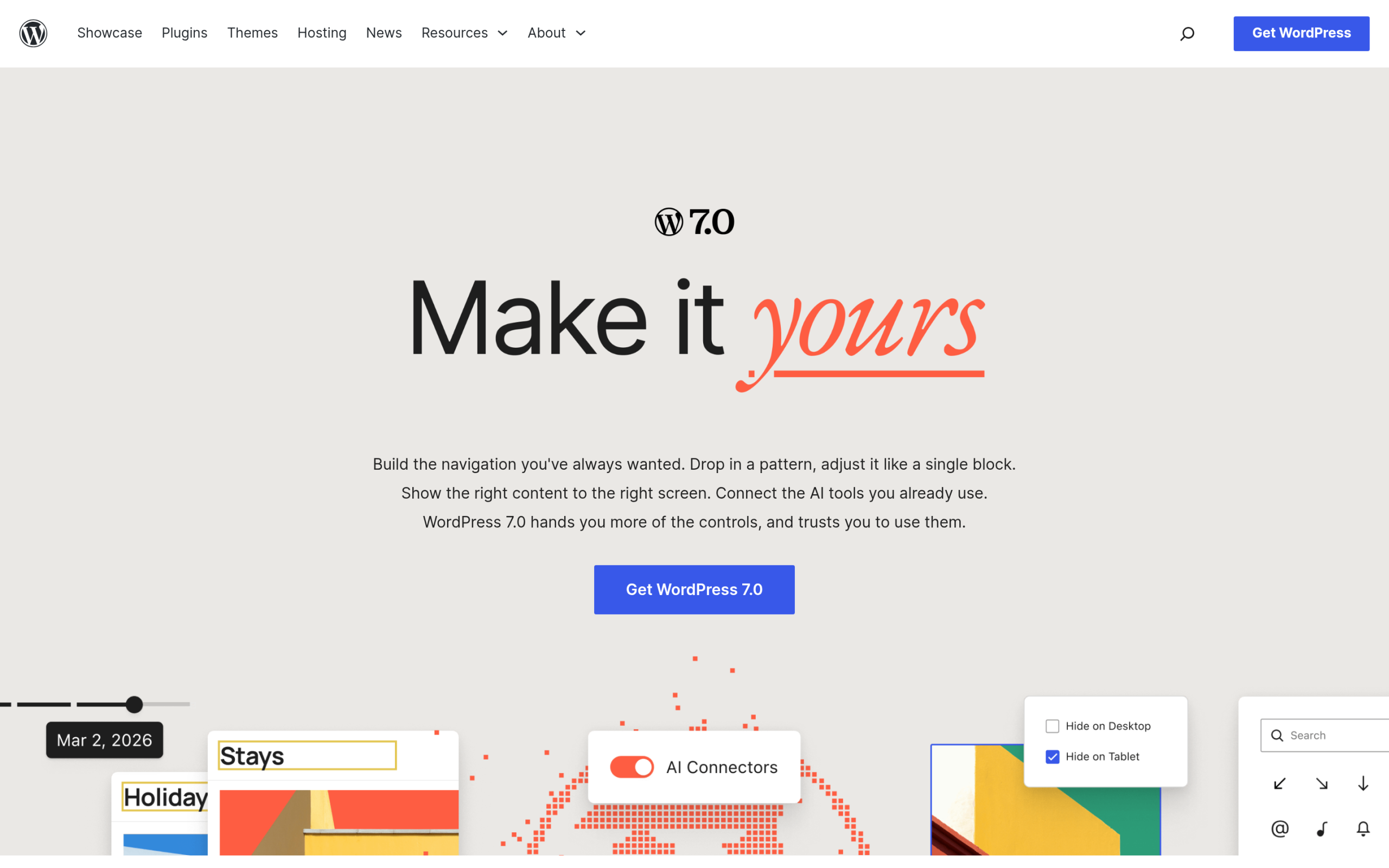 WordPress 7.0 feature showcase including the AI Client and Connector hub