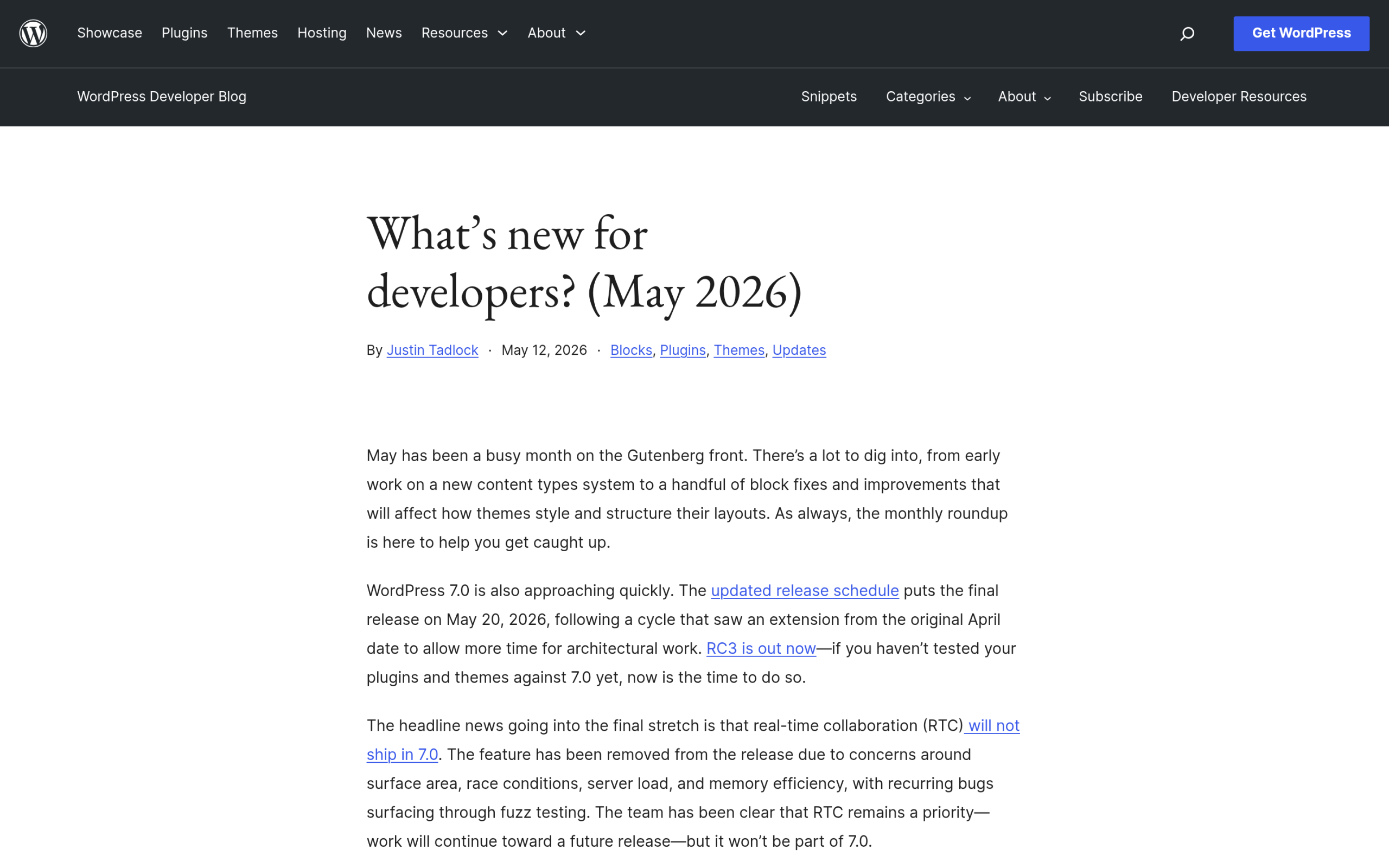 WordPress developer notes confirming real-time collaboration is deferred from 7.0