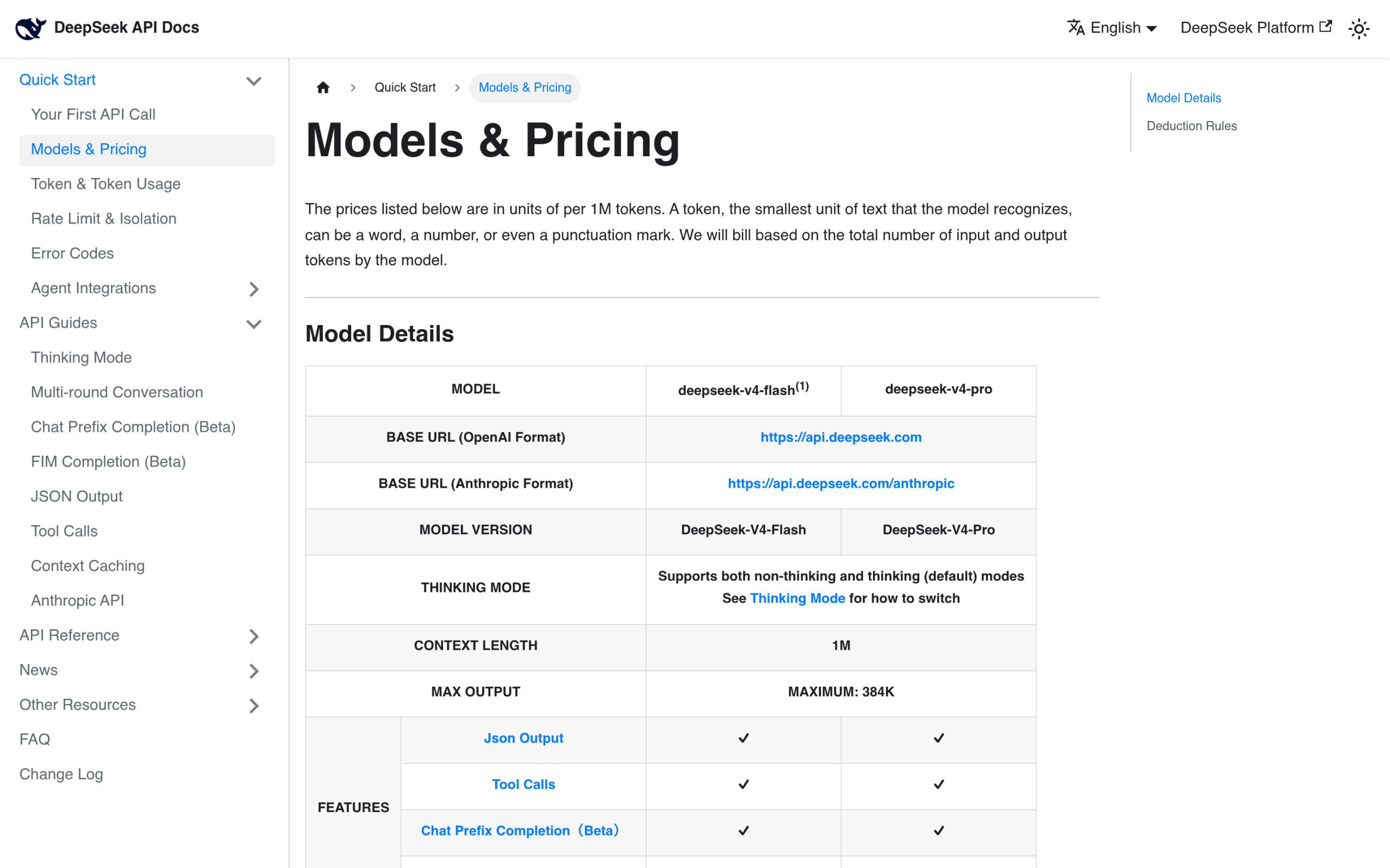 DeepSeek API pricing for deepseek-v4-flash and deepseek-v4-pro per million tokens