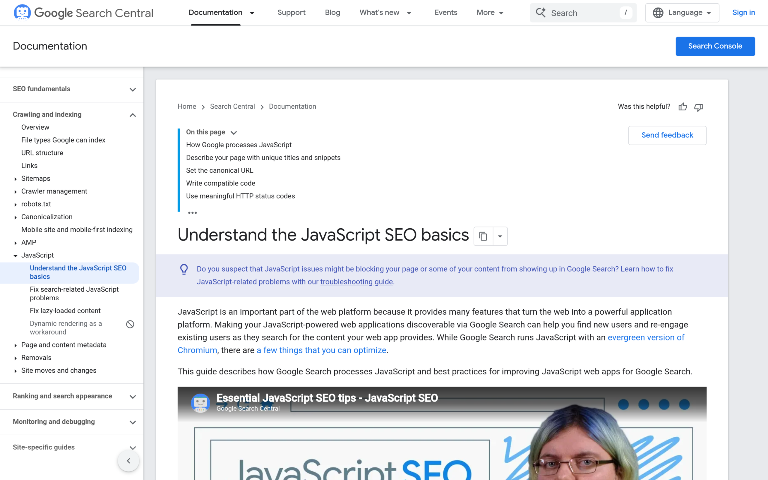 Google Search Central documentation showing how Googlebot processes JavaScript in three phases: crawling, rendering, and indexing