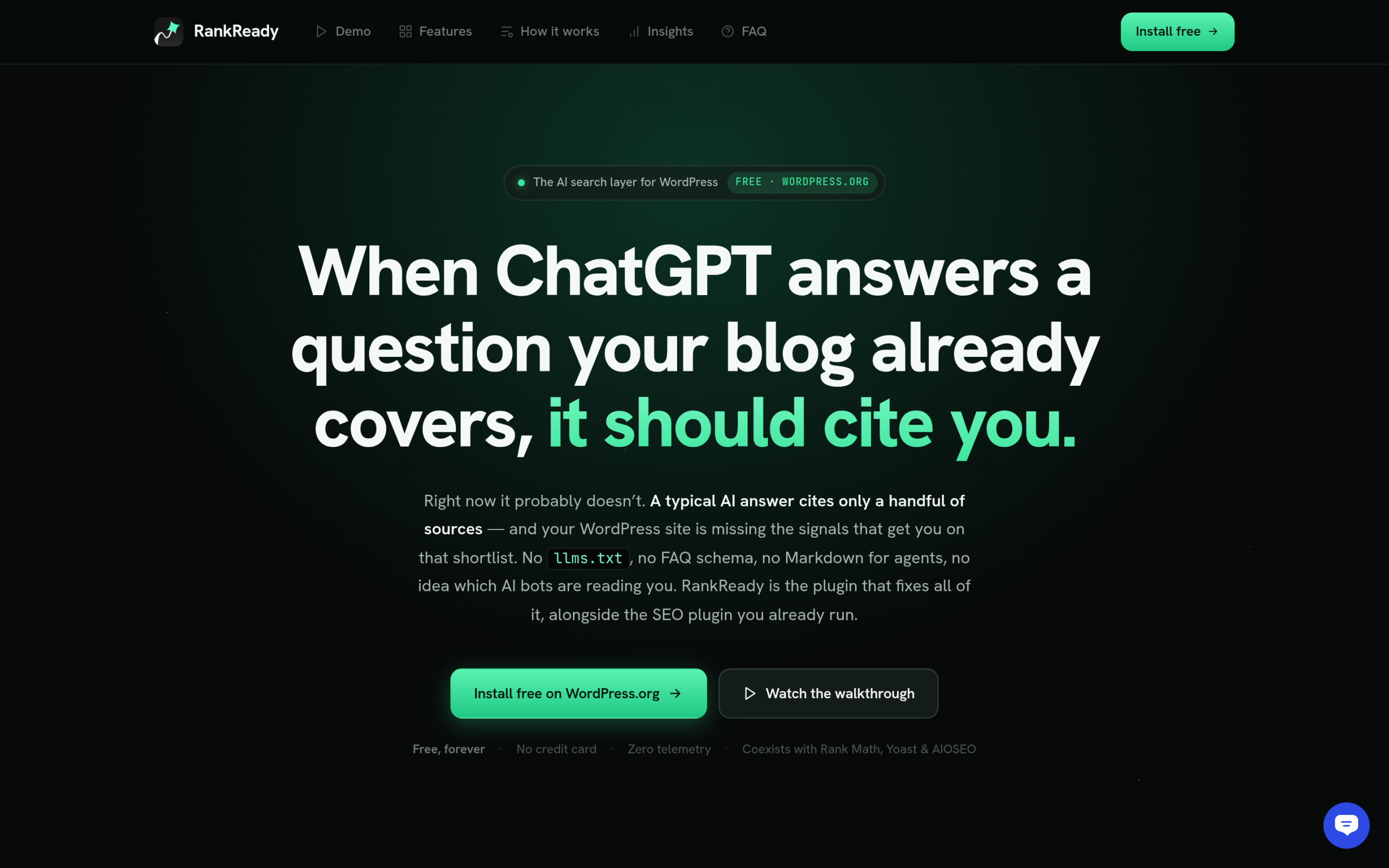 RankReady plugin store page listing AI crawler controls and citation tracking for WordPress
