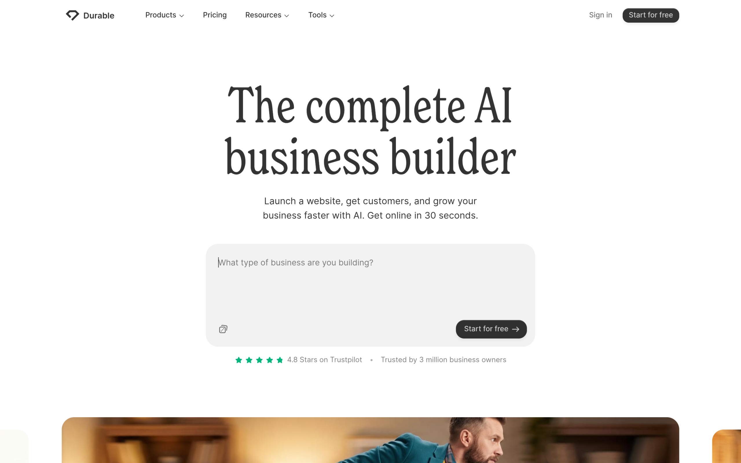Durable AI website builder homepage