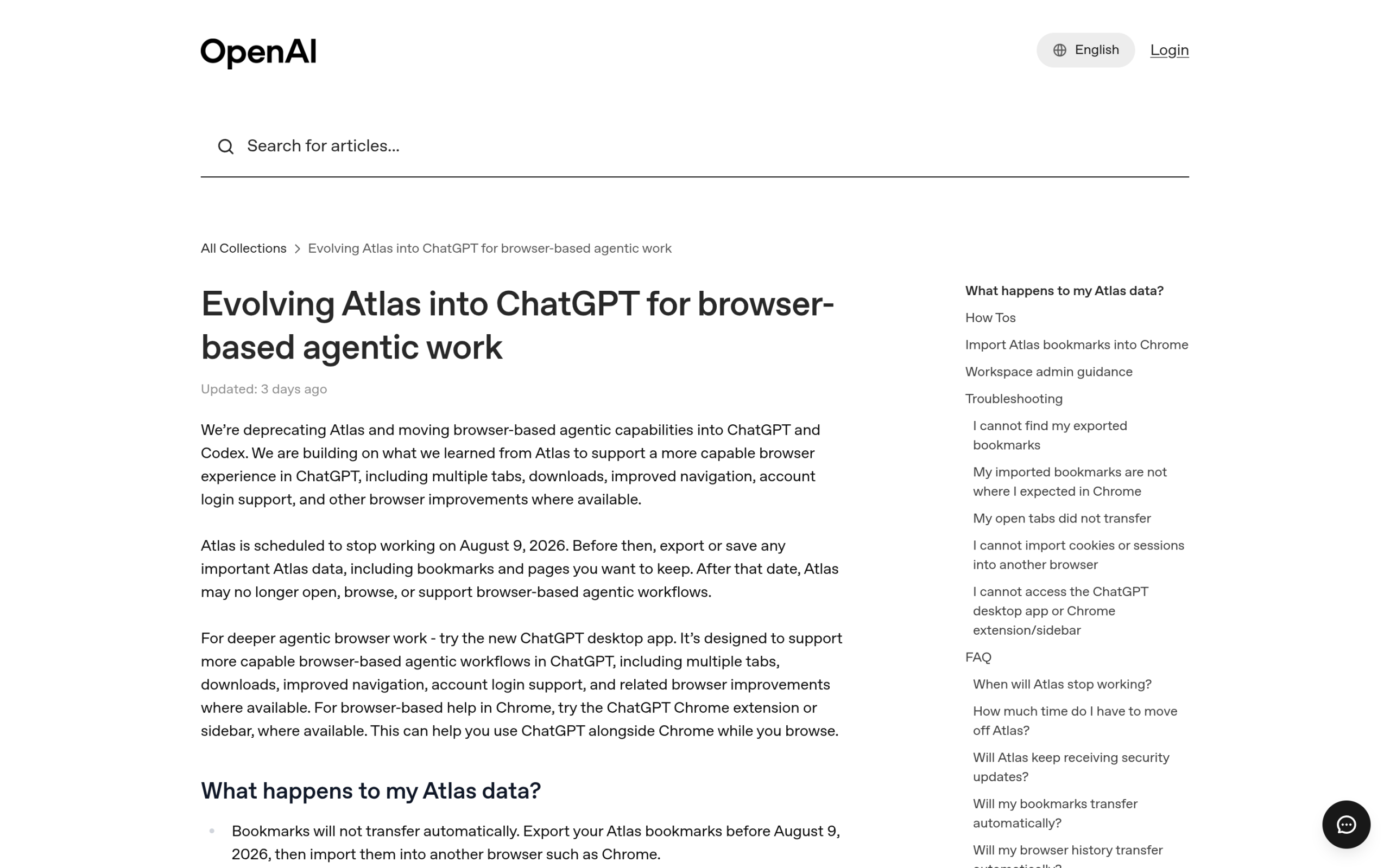 OpenAI help center page stating ChatGPT Atlas is being deprecated and stops working August 9 2026