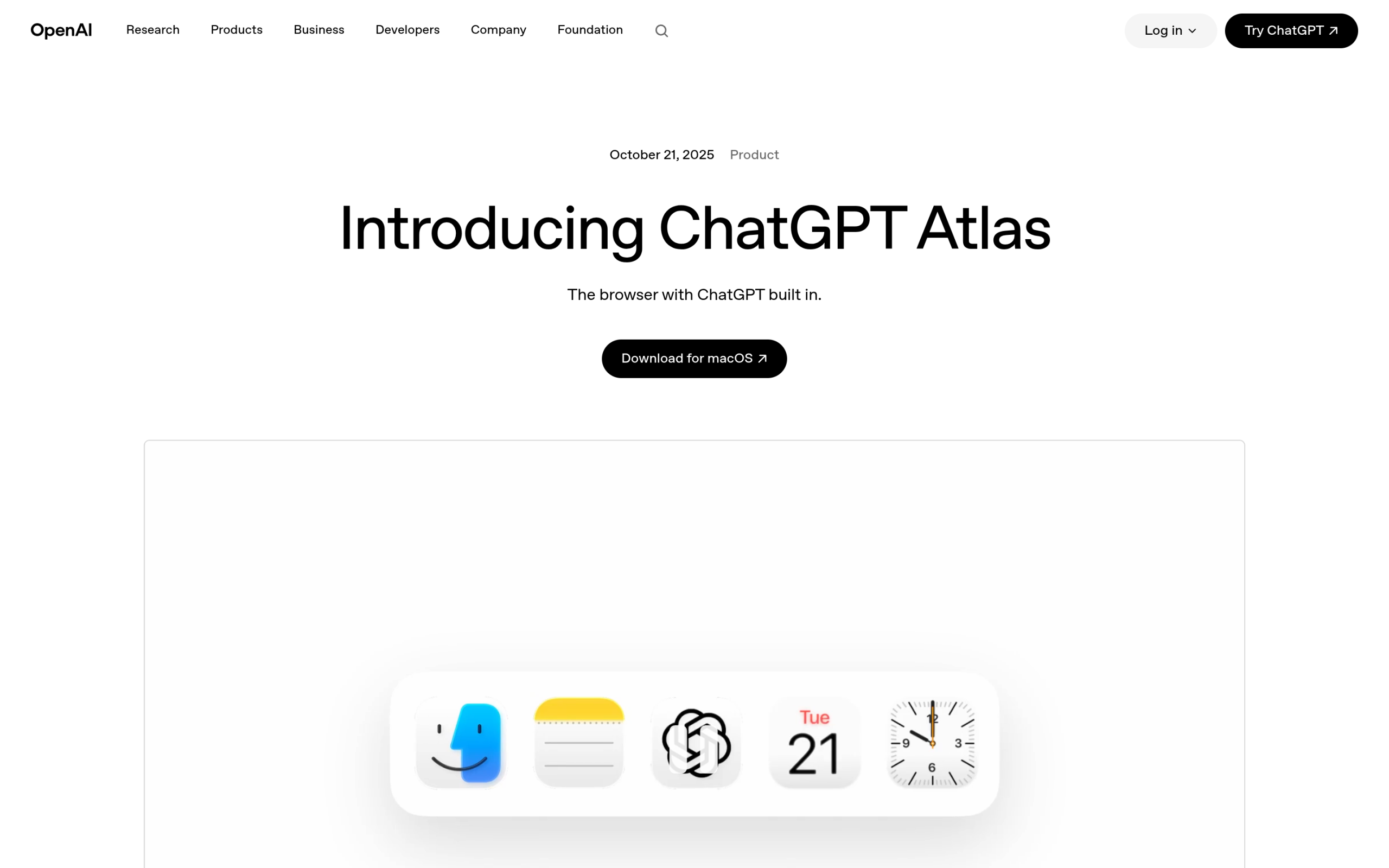 The OpenAI ChatGPT Atlas launch page with the tagline The browser with ChatGPT built in and a Download for macOS button