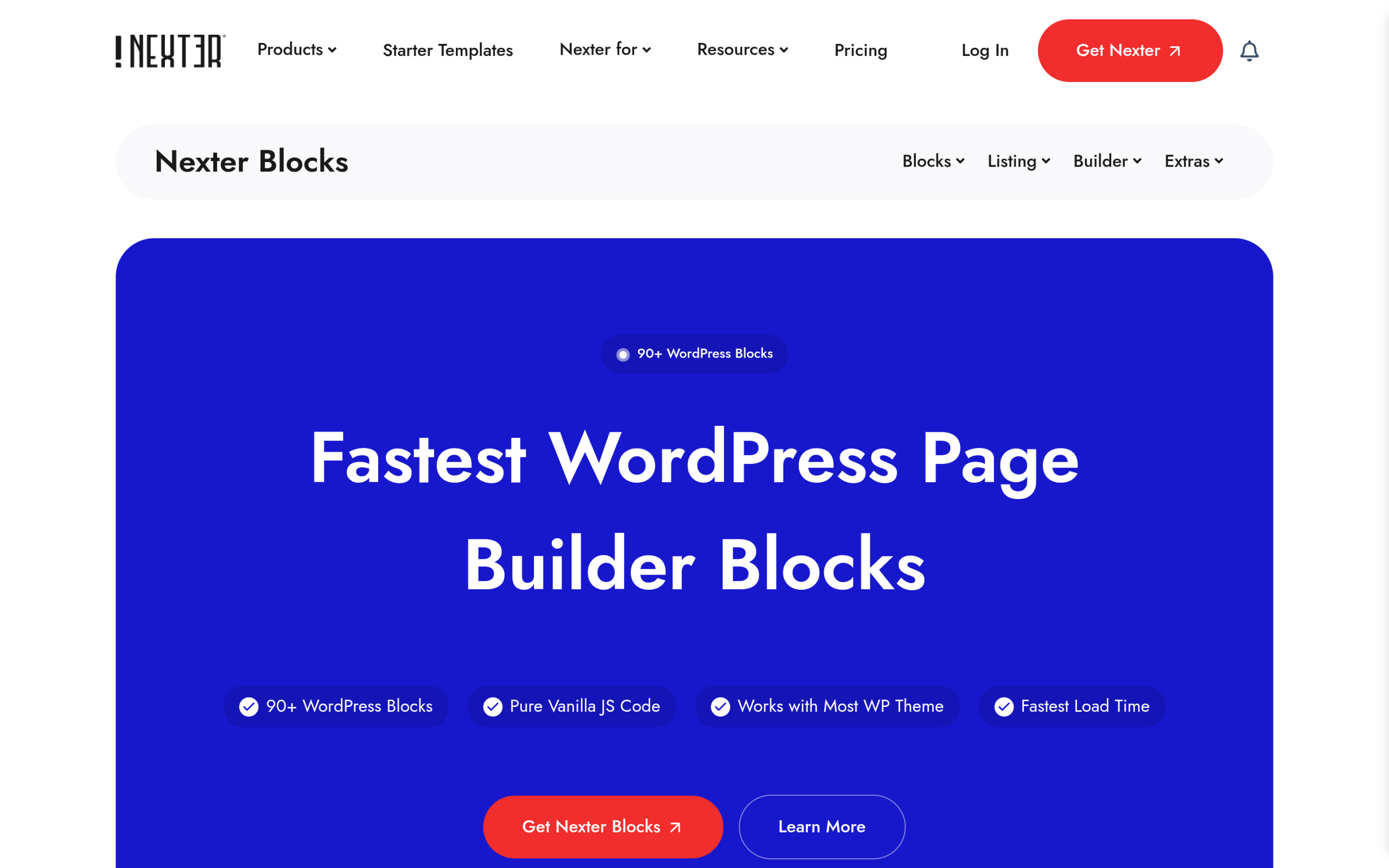 Nexter Blocks, a free WordPress plugin offering 90+ Gutenberg blocks on a lightweight vanilla-JS block theme