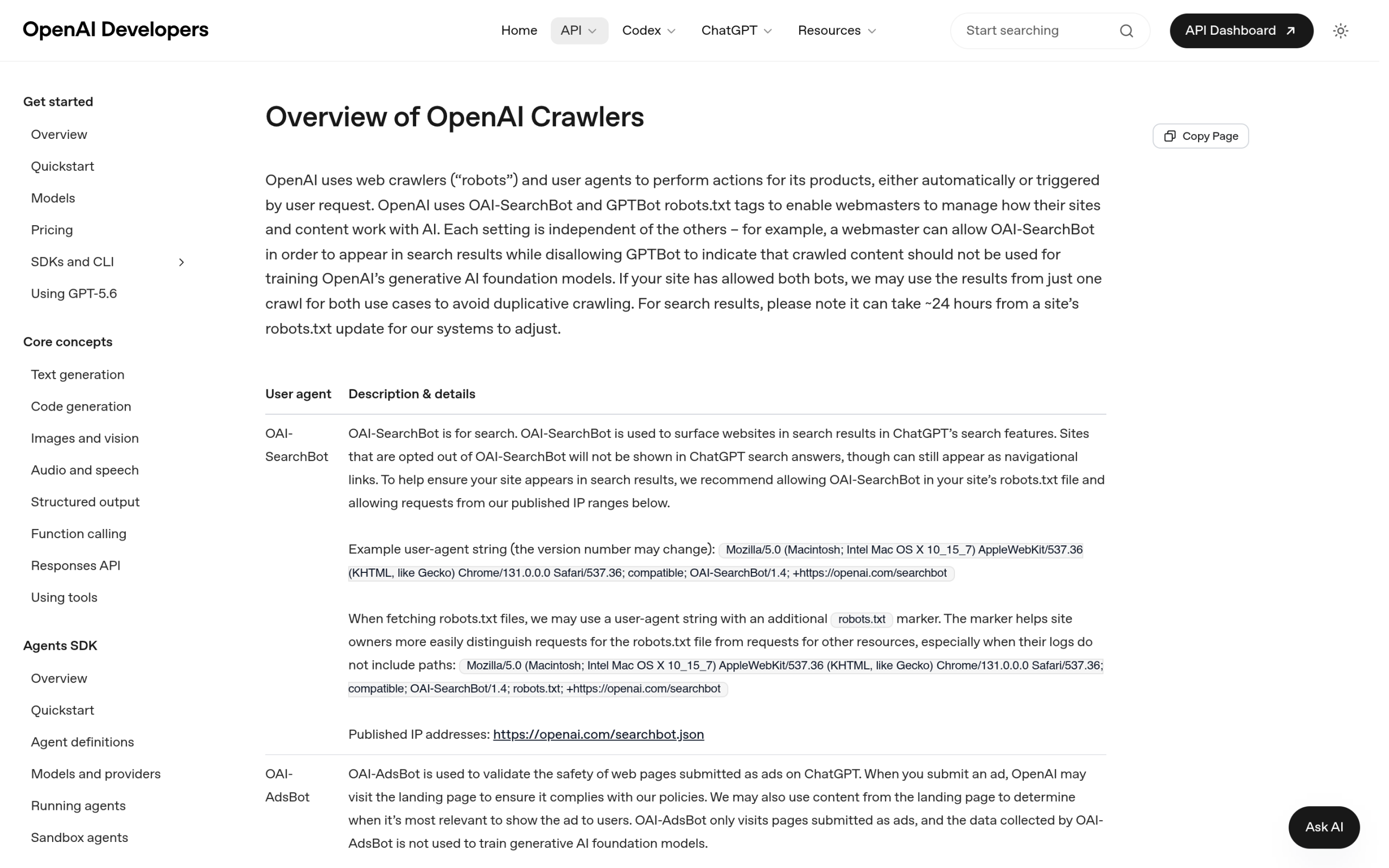 OpenAI crawlers documentation listing OAI-SearchBot, GPTBot, and how they read pages via robots.txt