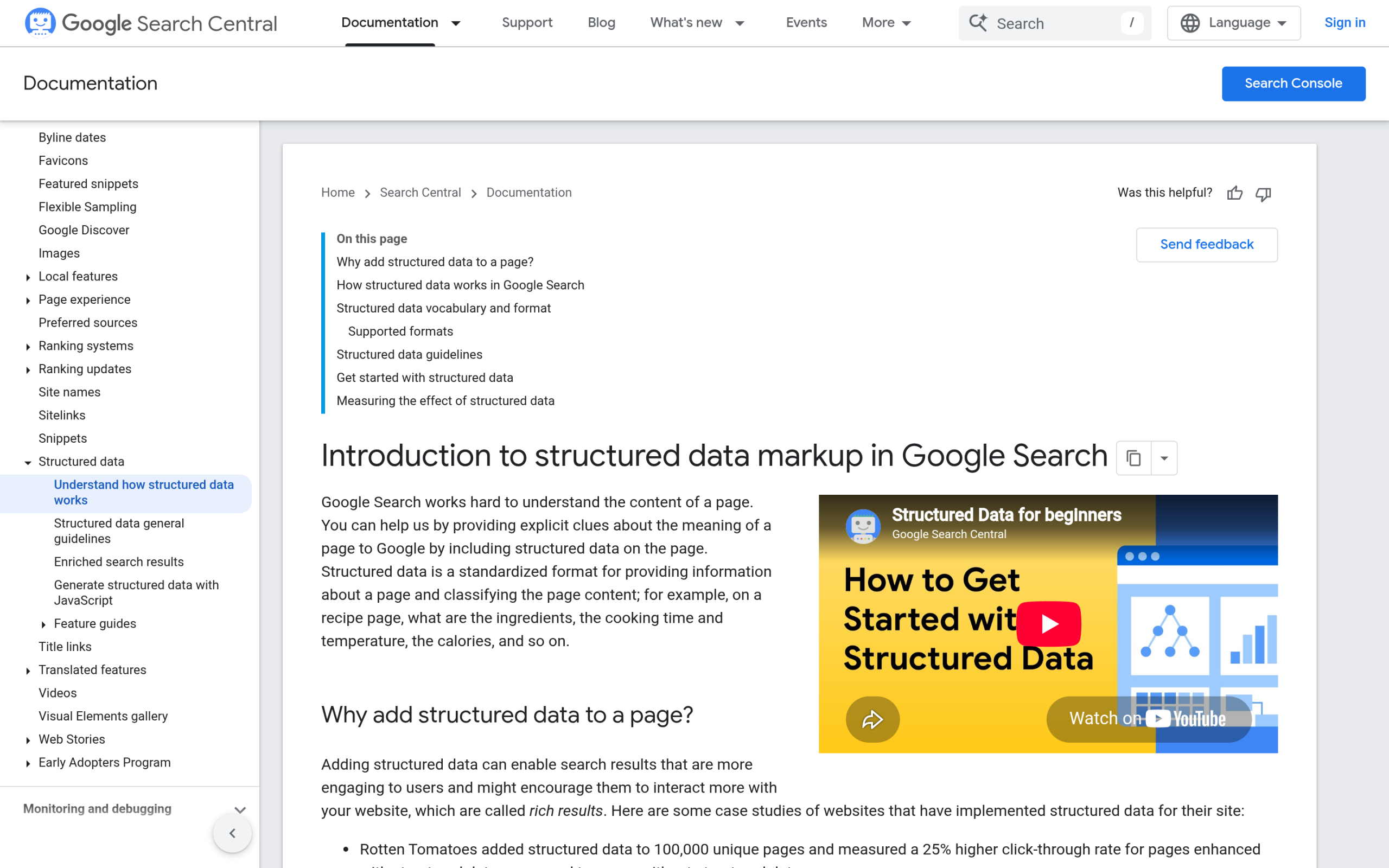 Google Search Central introduction to structured data markup, showing how schema helps Google understand a page
