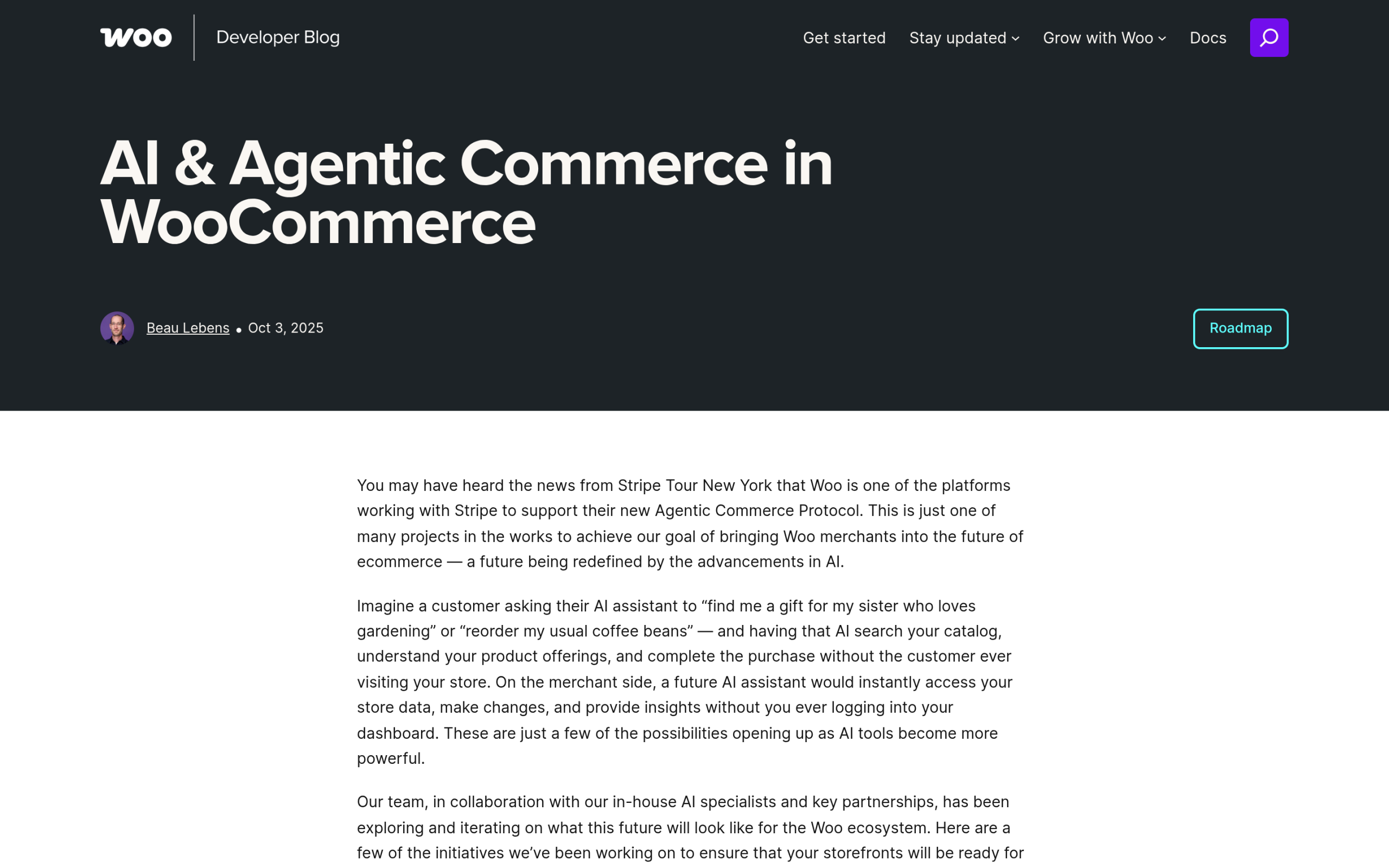 WooCommerce developer blog on AI and agentic commerce with MCP support