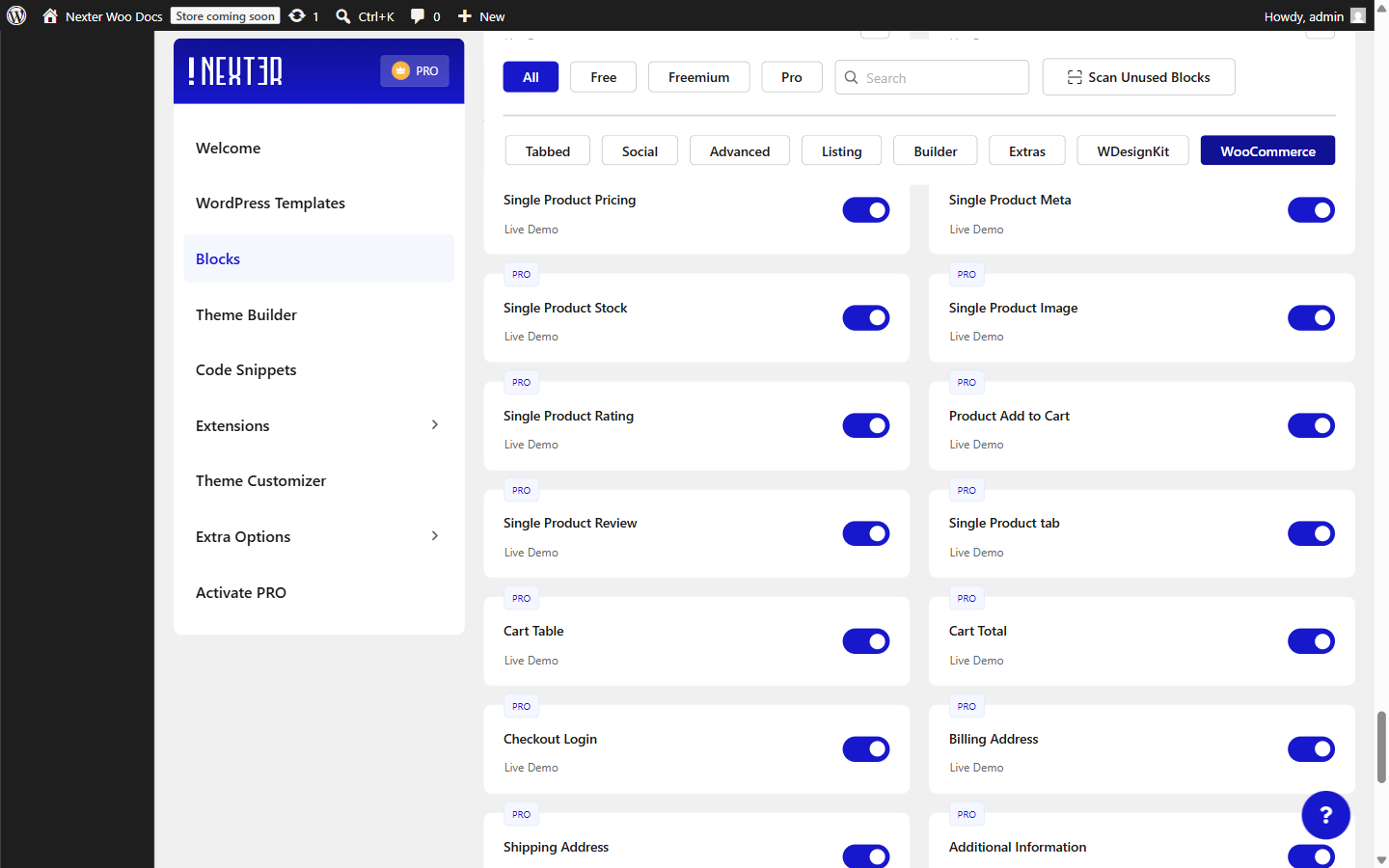 The WooCommerce blocks enabled in the Nexter Blocks manager