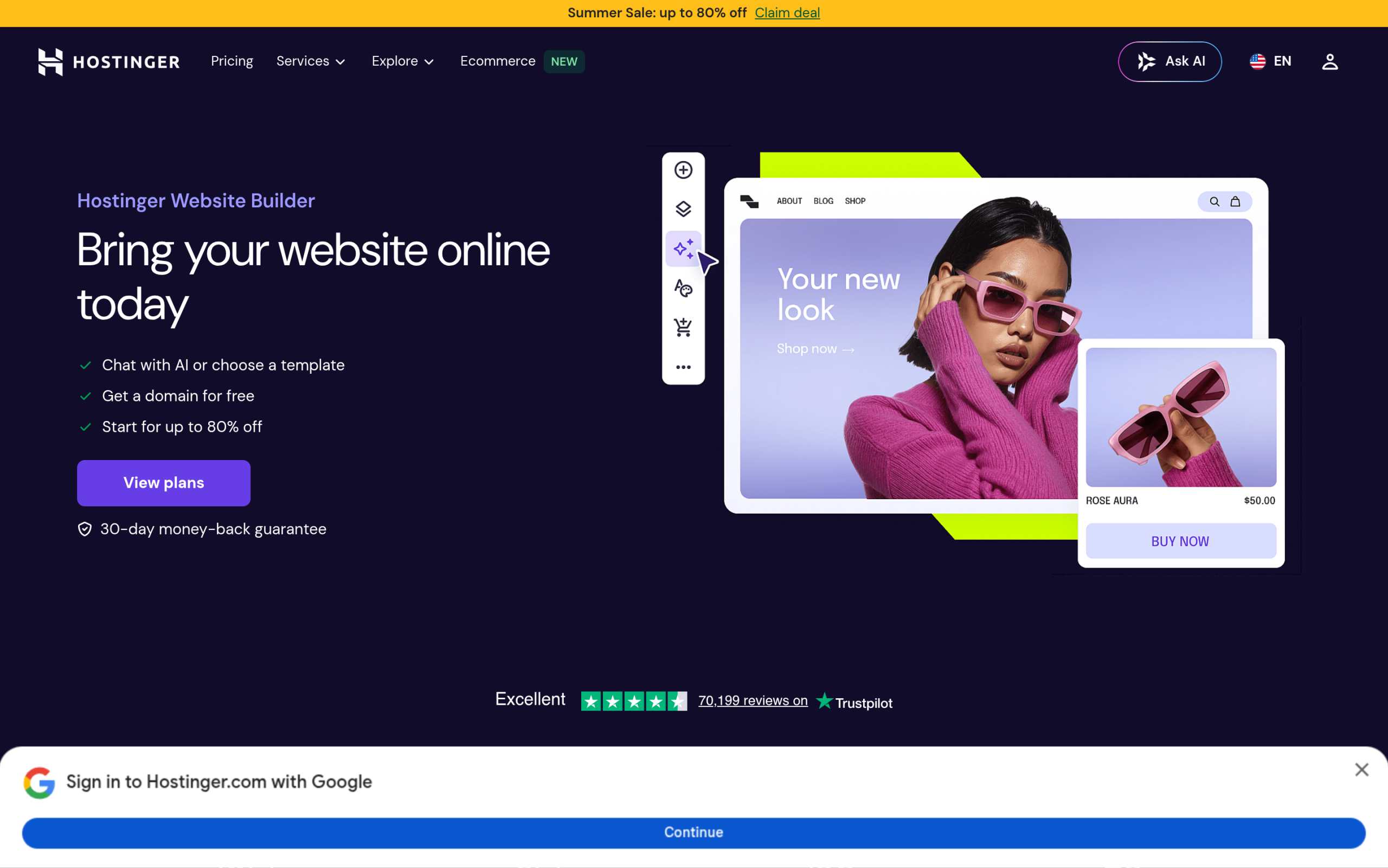 Hostinger AI website builder landing page